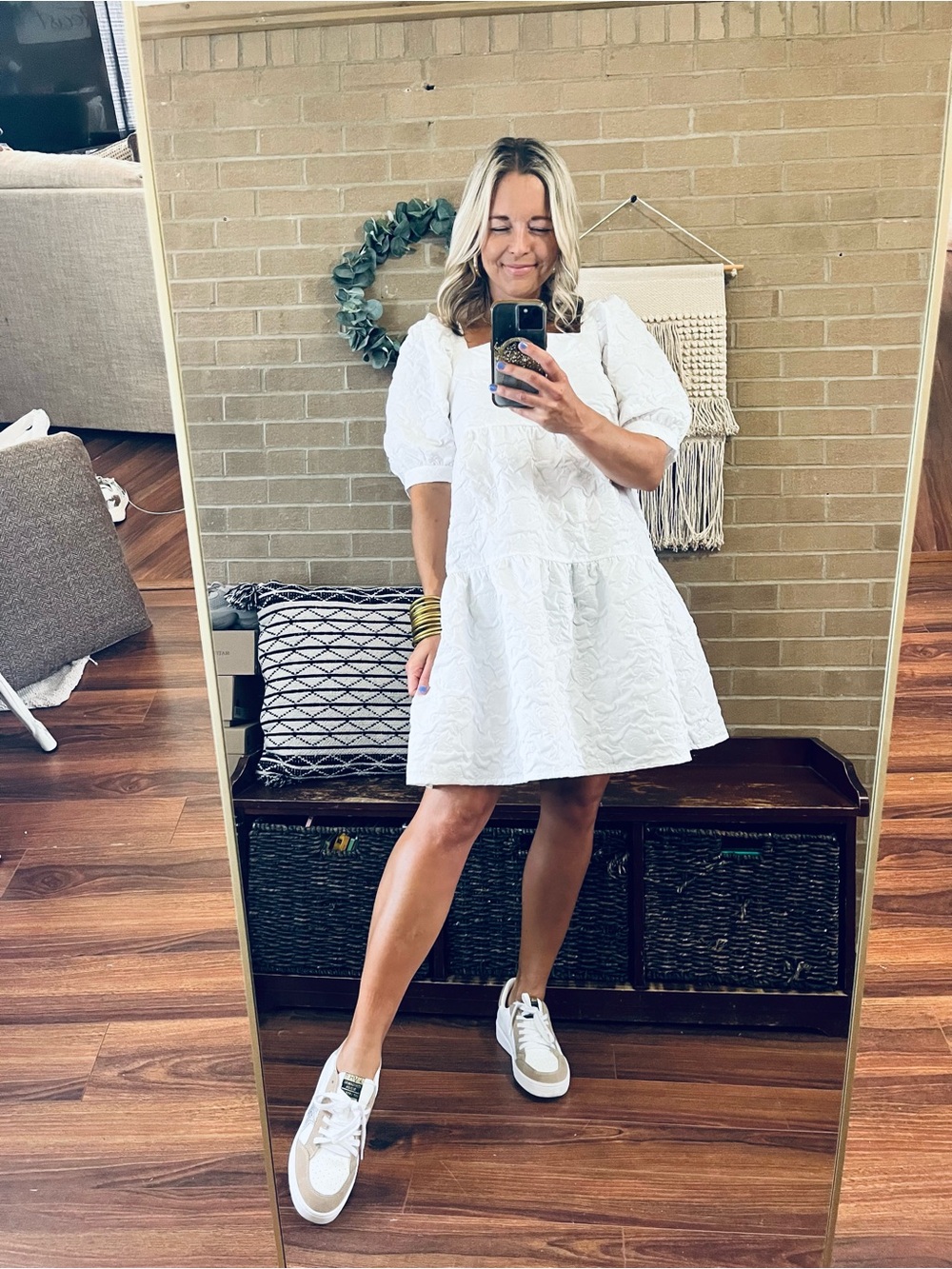 Mud Pie White Textured Mini Dress with Puff Sleeves